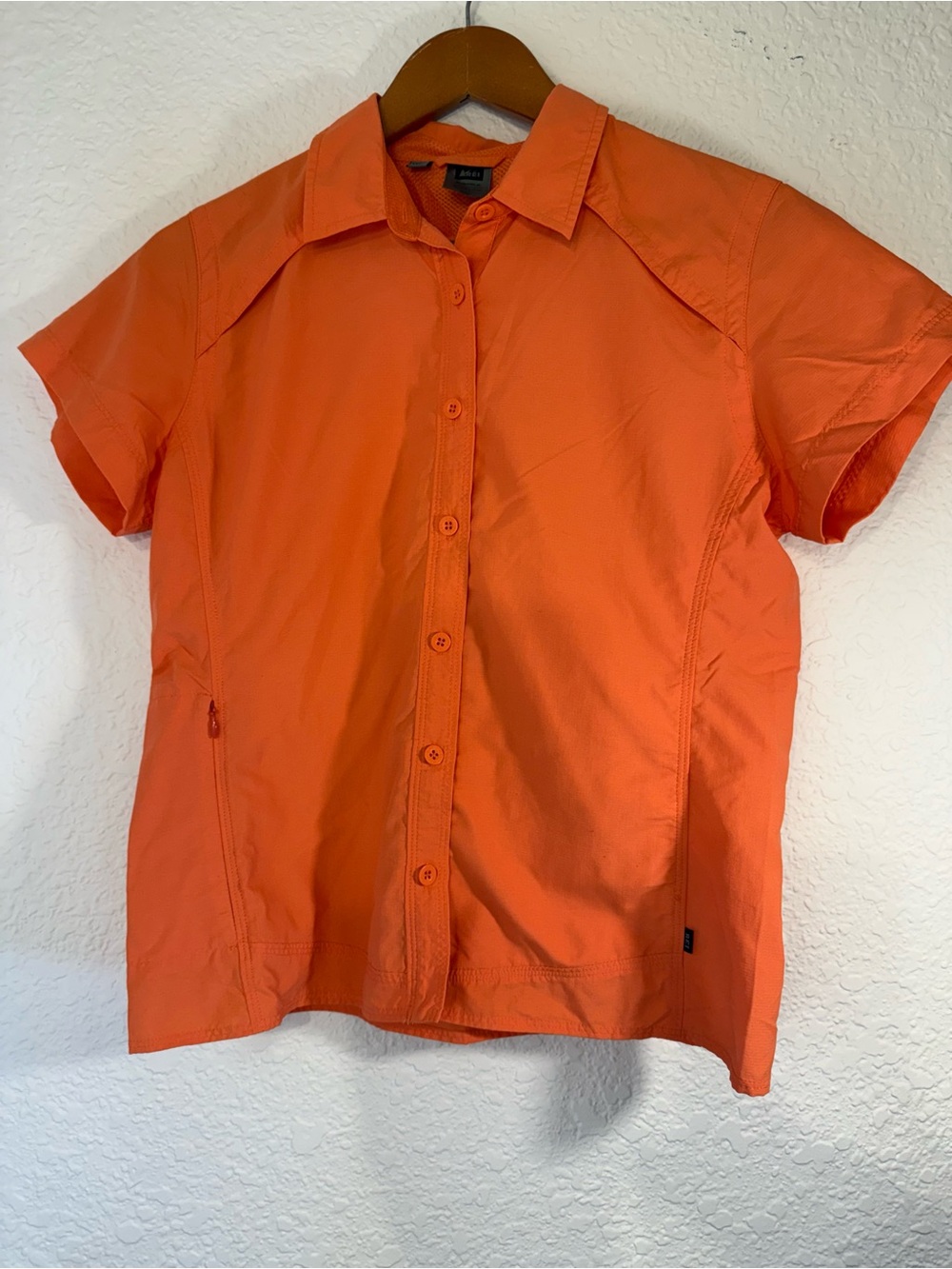 REI Sahara Women's M Orange Short Sleeve Hiking Water Shirt UPF 30+ Tactel Nylon